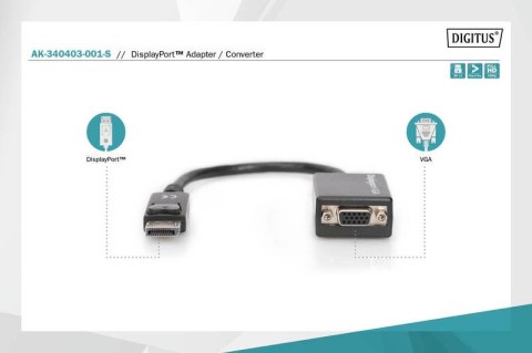 Kabel adapter Displayport z zatrzaskiem 1080p 60Hz FHD Typ DP/DSUB15 M/Ż 0,15m Czarny