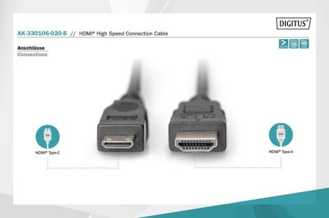 Kabel połączeniowy HDMI HighSpeed 1080p 60Hz FHD Typ HDMI A/HDMI C M/M 2m Czarny Kabel połączeniowy HDMI HighSpeed 1080p 60Hz FHD Typ HDMI A/HDMI C M/M 2m Czarny