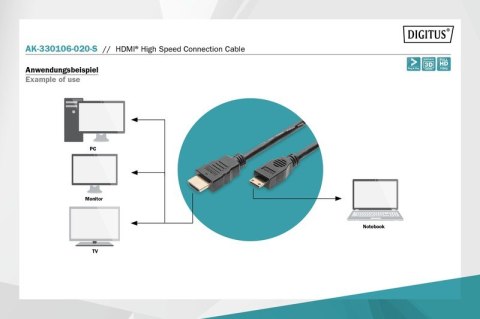 Kabel połączeniowy HDMI HighSpeed 1080p 60Hz FHD Typ HDMI A/HDMI C M/M 2m Czarny Kabel połączeniowy HDMI HighSpeed 1080p 60Hz FHD Typ HDMI A/HDMI C M/M 2m Czarny
