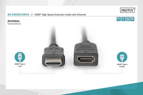 Kabel przedłużający HDMI HighSpeed z Ethernetem 1080p 60Hz FHD Typ HDMI A/HDMI A M/Ż 5m Czarny