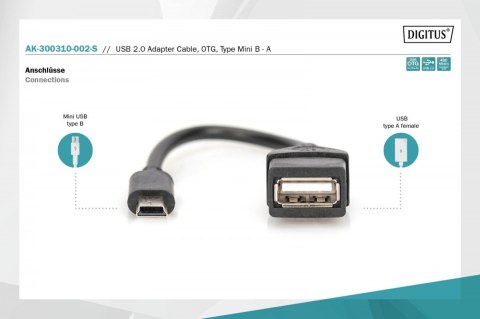 Kabel adapter USB 2.0 HighSpeed OTG Typ miniUSB B (5pin)/USB A M/Ż 0,2m Czarny Kabel adapter USB 2.0 HighSpeed OTG Typ miniUSB B (5pin)/USB A M/Ż 0,2m Czarny
