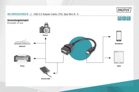 Kabel adapter USB 2.0 HighSpeed OTG Typ miniUSB B (5pin)/USB A M/Ż 0,2m Czarny Kabel adapter USB 2.0 HighSpeed OTG Typ miniUSB B (5pin)/USB A M/Ż 0,2m Czarny