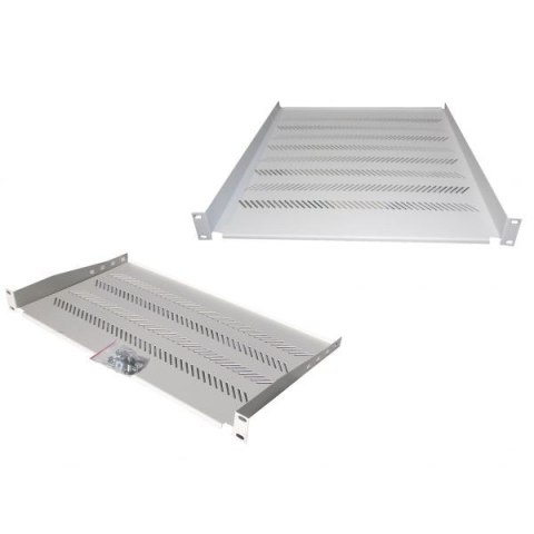 Półka do szaf 450mm 19", 1U, nośność 25 kg, mocowanie w 4 punktach, szara, śruby i uchwyt w kpl.