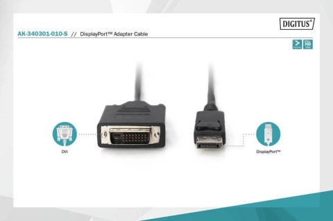 Kabel adapter Displayport z zatrzaskiem 1080p 60Hz FHD Typ DP/DVI-D (24+1) M/M 1m Czarny