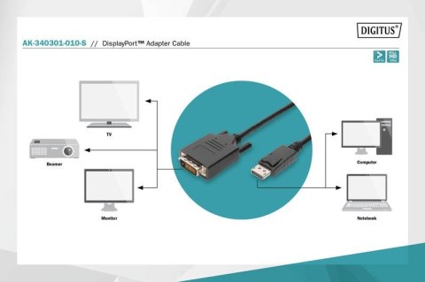 Kabel adapter Displayport z zatrzaskiem 1080p 60Hz FHD Typ DP/DVI-D (24+1) M/M 1m Czarny