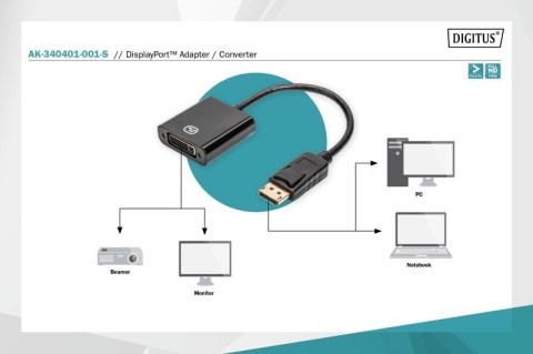 Kabel adapter Displayport z zatrzaskiem 1080p 60Hz FHD Typ DP/DVI-I (24+5) M/Ż 0,15m Czarny