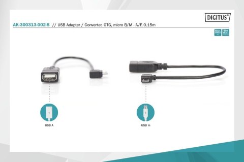 Kabel adapter USB 2.0 HighSpeed OTG Typ microUSB B kątowy/USB A M/Ż 0,15m Czarny
