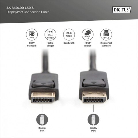 Kabel połączeniowy DisplayPort z zatrzaskami 1080p 60Hz FHD Typ DP/DP M/M czarny 15m Kabel połączeniowy DisplayPort z zatrzaskami 1080p 60Hz FHD Typ DP/DP M/M czarny 15m