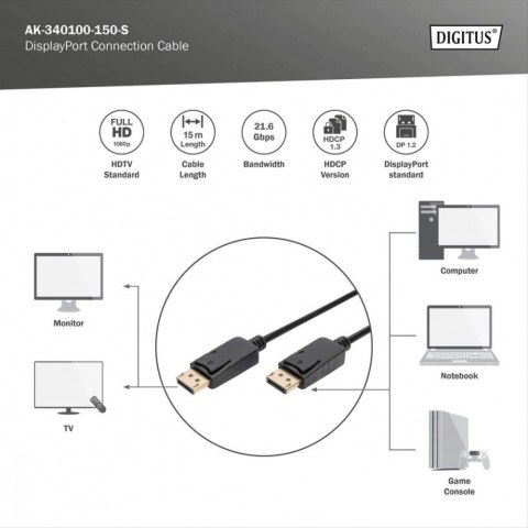 Kabel połączeniowy DisplayPort z zatrzaskami 1080p 60Hz FHD Typ DP/DP M/M czarny 15m Kabel połączeniowy DisplayPort z zatrzaskami 1080p 60Hz FHD Typ DP/DP M/M czarny 15m