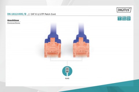 Patch cord U/UTP kat.6 PVC 0,5m Niebieski Patch cord U/UTP kat.6 PVC 0,5m Niebieski