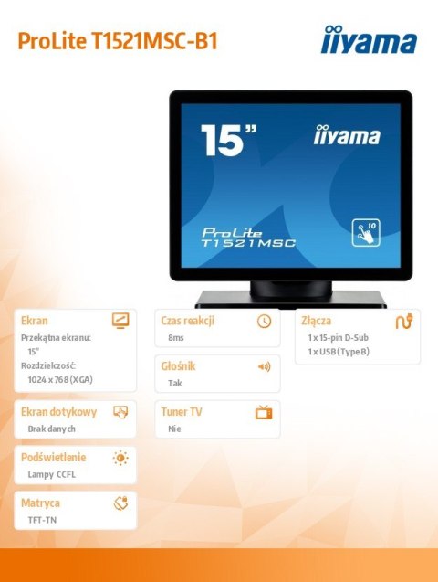Monitor 15 T1521MSC-B1 POJEMNOŚCIOWY 10PKT.,TN,7H