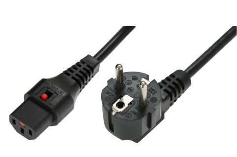 Kabel połączeniowy zasilający blokada IEC LOCK 3x1mm2 Schuko kątowy/C13 prosty M/Ż 1m Czarny