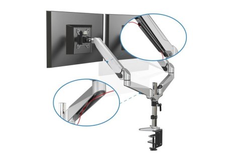 Ramię biurkowe podwójne z zaciskiem, regulowany, 2xLCD, max. 27", max. 8kg, uchylno-obrotowe 360° Ramię biurkowe podwójne z zaciskiem, regulowany, 2xLCD, max. 27", max. 8kg, uchylno-obrotowe 360°