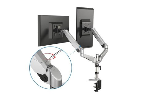 Ramię biurkowe podwójne z zaciskiem, regulowany, 2xLCD, max. 27", max. 8kg, uchylno-obrotowe 360° Ramię biurkowe podwójne z zaciskiem, regulowany, 2xLCD, max. 27", max. 8kg, uchylno-obrotowe 360°