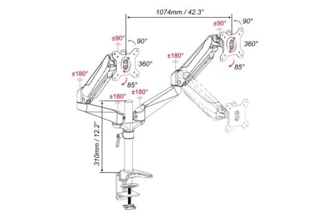 Ramię biurkowe podwójne z zaciskiem, regulowany, 2xLCD, max. 27", max. 8kg, uchylno-obrotowe 360° Ramię biurkowe podwójne z zaciskiem, regulowany, 2xLCD, max. 27", max. 8kg, uchylno-obrotowe 360°