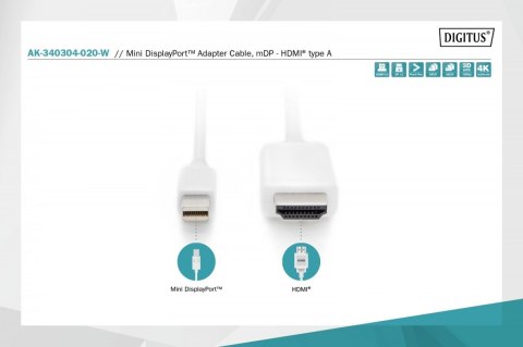 Kabel adapter Displayport 1.2 4K 60Hz UHD Typ miniDP/HDMI A M/M Biały 2m Kabel adapter Displayport 1.2 4K 60Hz UHD Typ miniDP/HDMI A M/M Biały 2m