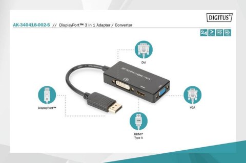 Kabel adapter Displayport 4K 30Hz/1080p 60Hz Typ DP/HDMI(UHD)+DVI-I+VGA (FHD) M/Ż 0,20m Czarny