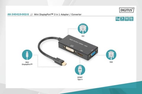 Kabel adapter Displayport 4K 30Hz/1080p 60Hz Typ miniDP/HDMI(UHD)+DVI-I+VGA (FHD) M/Ż 0,20m Czarny
