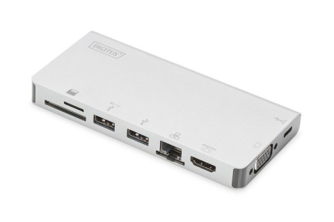 Stacja dokująca podróżna USB Typ C, 8 portów 4K, HDMI, VGA, USB3.0, RJ45, microSD, SD/MMC, srebrna Stacja dokująca podróżna USB Typ C, 8 portów 4K, HDMI, VGA, USB3.0, RJ45, microSD, SD/MMC, srebrna