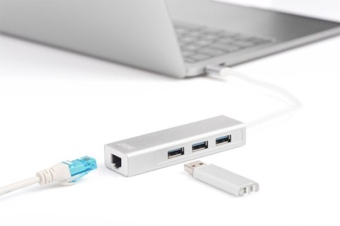 HUB/Koncentrator 3-portowy USB Typ C, 3x USB A HighSpeed z Gigabit LAN adapter, aluminium