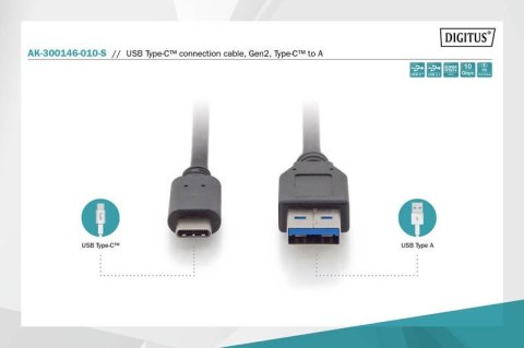 Kabel połączeniowy USB 3.1 Gen.2 SuperSpeed+ 10Gbps Typ USB C/USB A M/M, Power Delivery 1m Czarny Kabel połączeniowy USB 3.1 Gen.2 SuperSpeed+ 10Gbps Typ USB C/USB A M/M, Power Delivery 1m Czarny