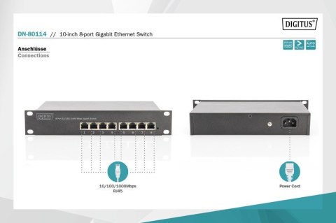 Przełącznik 10 cali Rack 8-portowy Gigabit Ethernet, 8x10/100/1000Mbps