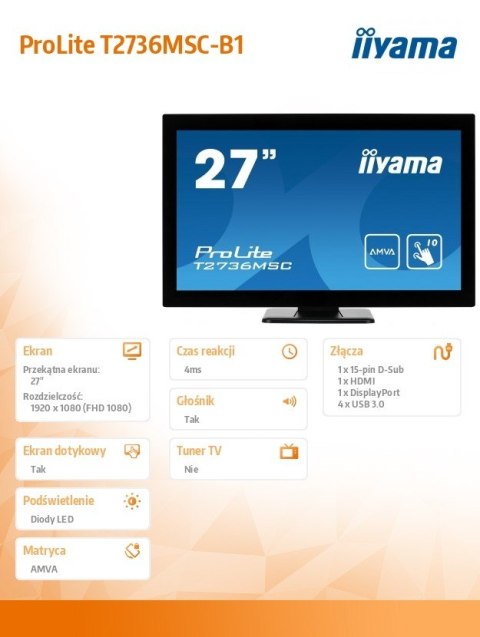 Monitor 27 T2736MSC-B1 AMVA, 10pkt, pojemnościowy, HDMI, DP, USB