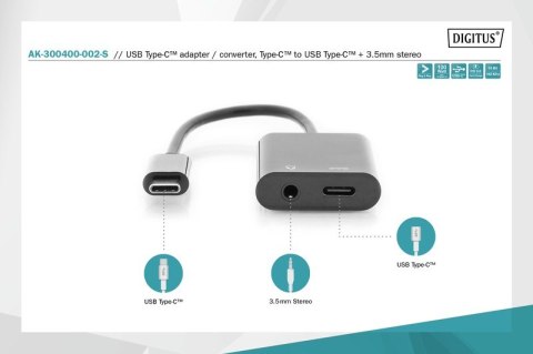 Kabel rozdzielacz USB 3.1 Typ C Gen.2 SuperSpeed+ 10Gbps Mini Jack 3.5mm + Typ USB C 20cm Czarny Kabel rozdzielacz USB 3.1 Typ C Gen.2 SuperSpeed+ 10Gbps Mini Jack 3.5mm + Typ USB C 20cm Czarny