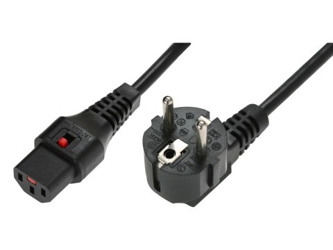 Kabel połączeniowy zasilający blokada IEC LOCK 3x1mm2 Schuko kątowy/C13 prosty M/Ż 1,5m Czarny Kabel połączeniowy zasilający blokada IEC LOCK 3x1mm2 Schuko kątowy/C13 prosty M/Ż 1,5m Czarny