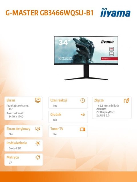 Monitor 34 cale GB3466WQSU-B1 VA,UWQHD,144HZ,1MS,1500R,HDMI/DPx2,USB 3.0 Monitor 34 cale GB3466WQSU-B1 VA,UWQHD,144HZ,1MS,1500R,HDMI/DPx2,USB 3.0
