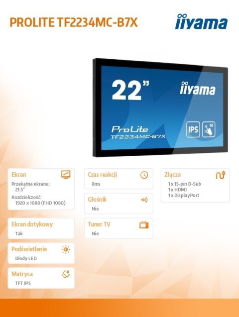 Monitor wielkoformatowy 21.5 cala TF2234MC-B7X IPS,POJ.10PKT.HDMI,DP.VGA,IP65,7H