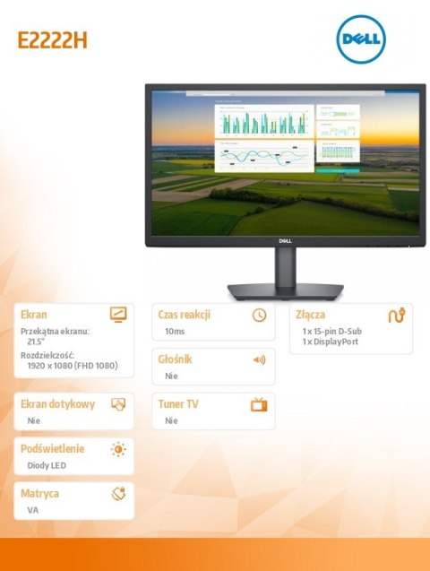 Monitor E2222H 21,5 cali LED 1920x1080/VGA/DP/3Y Monitor E2222H 21,5 cali LED 1920x1080/VGA/DP/3Y