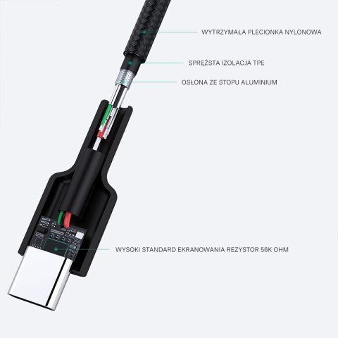CB-CA1 OEM kabel USB-C - USB-A 1m 60W PD 3A 20V FCP AFC nylonowy oplot czarny