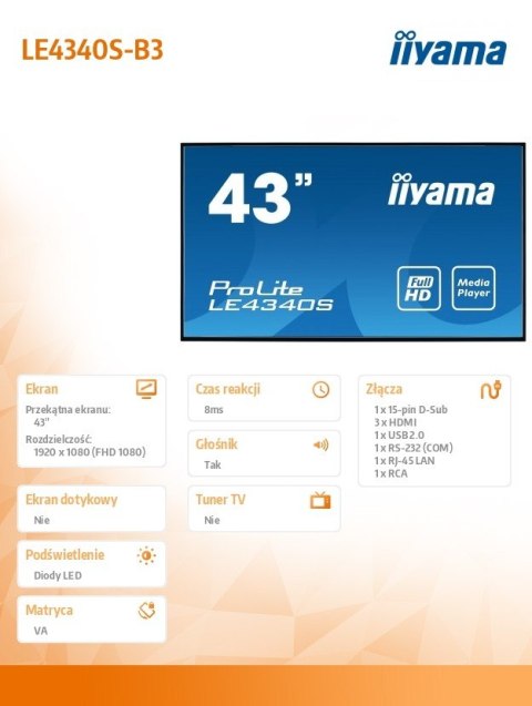 Monitor 43 LE4340S-B3 VA/FHD/HDMI/VGA/USB/RJ45/2X10W/16/7