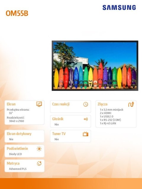 Monitor profesjonalny OM55B 55 cali Błyszczący 24h/7 3000(cd/m2) 3840x2160 (UHD) S7 Player (Tizen 5.0) Wi-Fi 3 lata On-Site (LH5 Monitor profesjonalny OM55B 55 cali Błyszczący 24h/7 3000(cd/m2) 3840x2160 (UHD) S7 Player (Tizen 5.0) Wi-Fi 3 lata On-Site (LH5