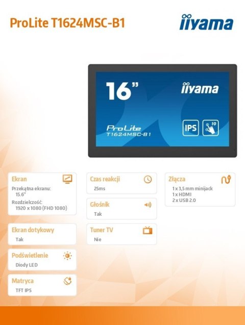 Monitor 15.6 cali T1624MSC-B1 IPS,poj.10pkt.450cd,24/7,media player,6H Monitor 15.6 cali T1624MSC-B1 IPS,poj.10pkt.450cd,24/7,media player,6H