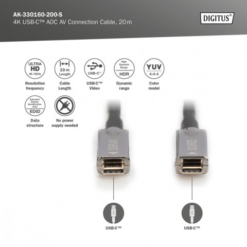 Kabel połączeniowy hybrydowy AOC USB 3.1 Typ C/USB Typ C 4K 60Hz 20m
