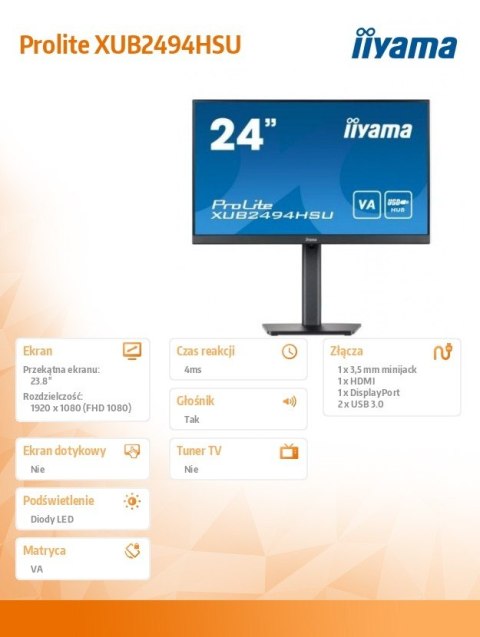 Monitor 23.8 cala XUB2494HSU-B2 VA,FHD,HDMI,DP,2xUSB3.0,HAS,2x2W