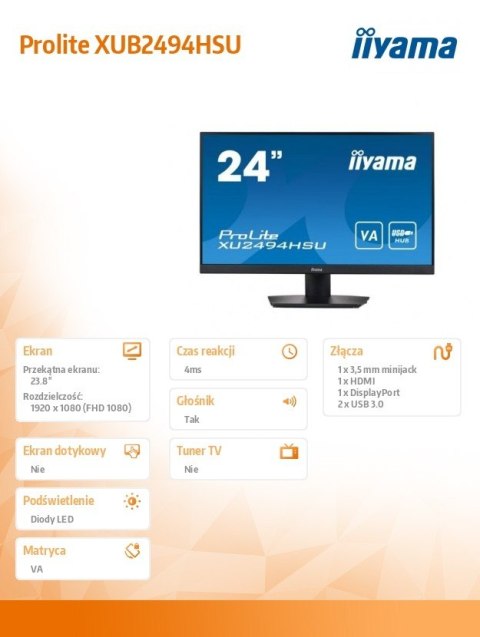 Monitor 23.8 cale XU2494HSU-B2 VA,FHD,HDMI,DP,2xUSB3.0,SLIM,2x2W Monitor 23.8 cale XU2494HSU-B2 VA,FHD,HDMI,DP,2xUSB3.0,SLIM,2x2W