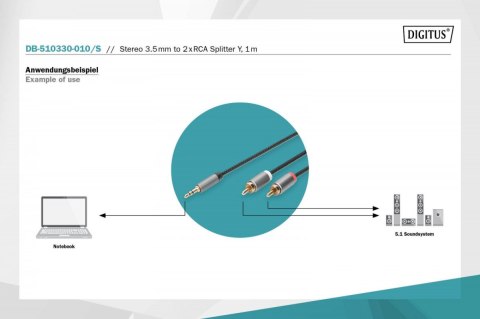 Kabel adapter audio MiniJack/Cinch Stereo Typ 3.5mm/2xRCA M/M nylon 1m Kabel adapter audio MiniJack/Cinch Stereo Typ 3.5mm/2xRCA M/M nylon 1m
