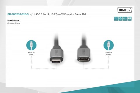 Kabel przedłużający USB 3.0 60W/5Gbps Typ USB C/USB C M/Ż 1m Czarny