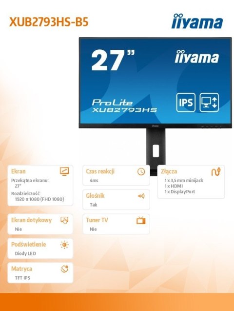 Monitor 27 cali XUB2793HS-B5 IPS,FHD,HDMI,DP,2x2W,HAS(150mm),300cd Monitor 27 cali XUB2793HS-B5 IPS,FHD,HDMI,DP,2x2W,HAS(150mm),300cd