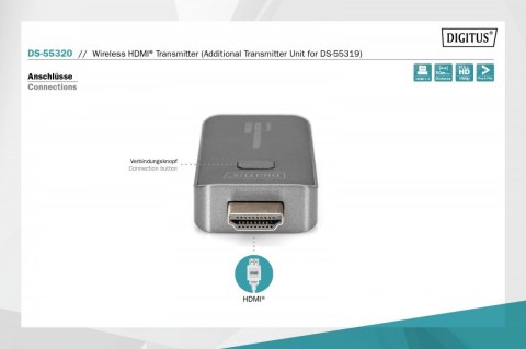 Przedłużacz/Extender HDMI bezprzewodowy 50m 1080p 60Hz 5GHz do DS-55319 (nadajnik) Przedłużacz/Extender HDMI bezprzewodowy 50m 1080p 60Hz 5GHz do DS-55319 (nadajnik)