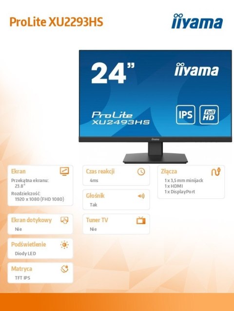 Monitor 23.8 cala XU2493HS-B5 IPS,HDMI,DP,2x2W,ACR,Ficker free