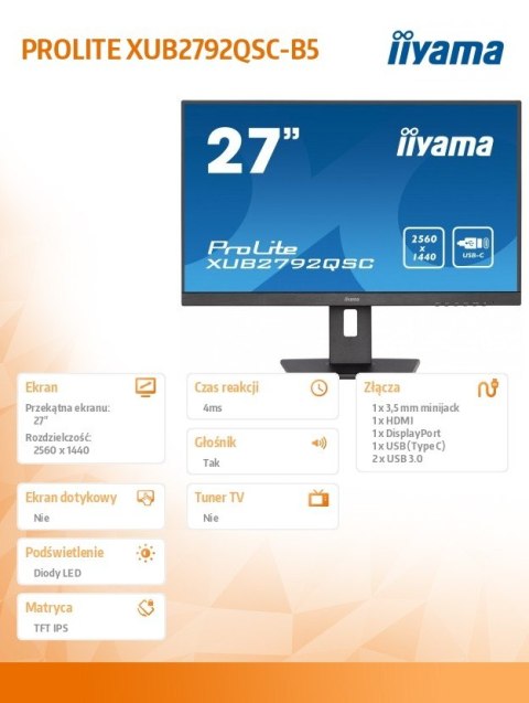 Monitor 27 cali XUB2792QSC-B5 IPS,QHD,USB-C,HDMI,DP,USB3.0,HAS(150mm) Monitor 27 cali XUB2792QSC-B5 IPS,QHD,USB-C,HDMI,DP,USB3.0,HAS(150mm)