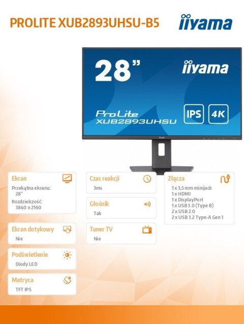 Monitor 28 cali XUB2893UHSU-B5,IPS,4K,HDMI,DP,2x2W,HAS(150mm) Monitor 28 cali XUB2893UHSU-B5,IPS,4K,HDMI,DP,2x2W,HAS(150mm)