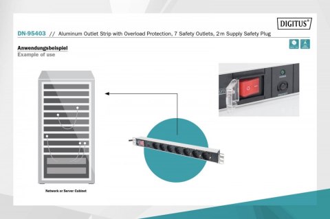 Listwa zasilająca PDU 19" Rack, 7x gniazdo schuko, 2.0m, 1x wtyk unischuko, 16A, wł./wył., zabezpieczenie przeciążeniowe, profil