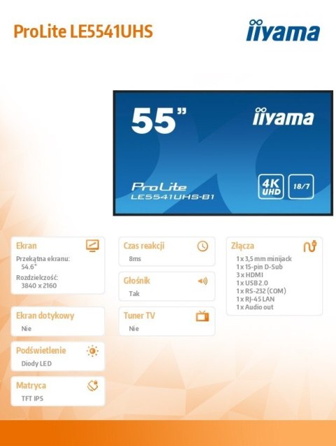 Monitor 55 cali LE5541UHS-B1 IPS,4K,18/7,LAN,USB,HDMI