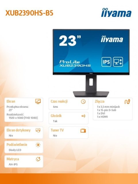 Monitor 23 cale XUB2390HS-B5 IPS,D-SUB,DVI,HDMI,PIVOT,2x2W,HAS(15cm)
