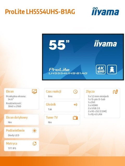 Monitor 55 cali LH5554UHS-B1AG 24/7, IPS, ANDROID.11, 4K, SDM, 2x10W